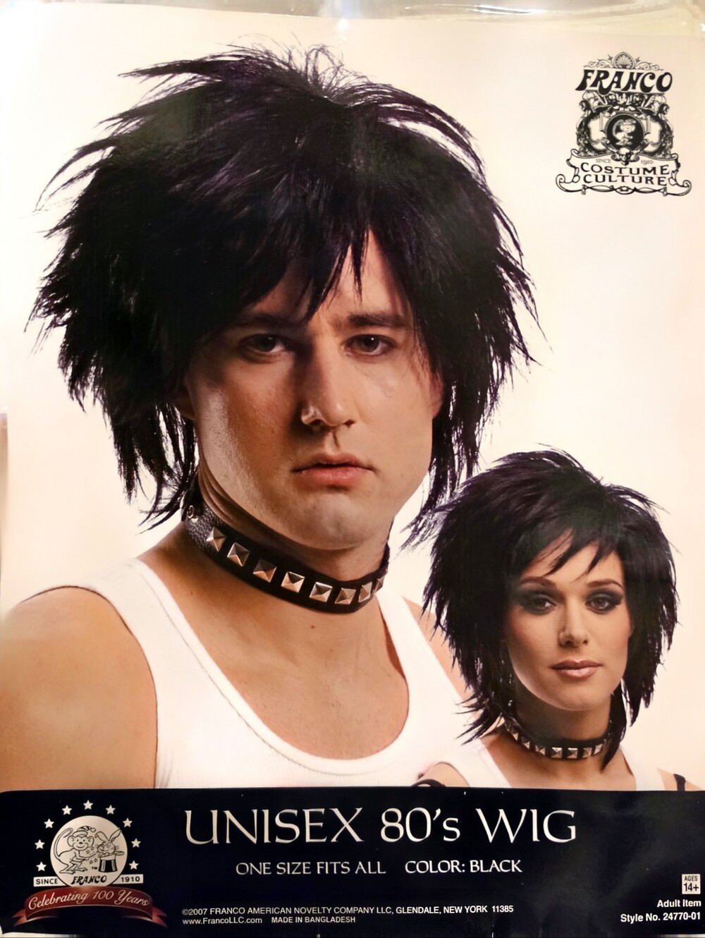 Franco Unisex 80s Rocker Costume Wig Black Spiky Punk One Size